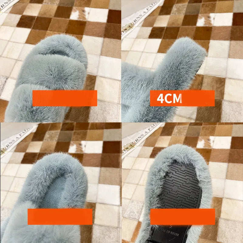 Fuzzy women's house slippers with faux fur upper and rubber sole, 3.5cm thick, in black beige khaki light blue or orange.