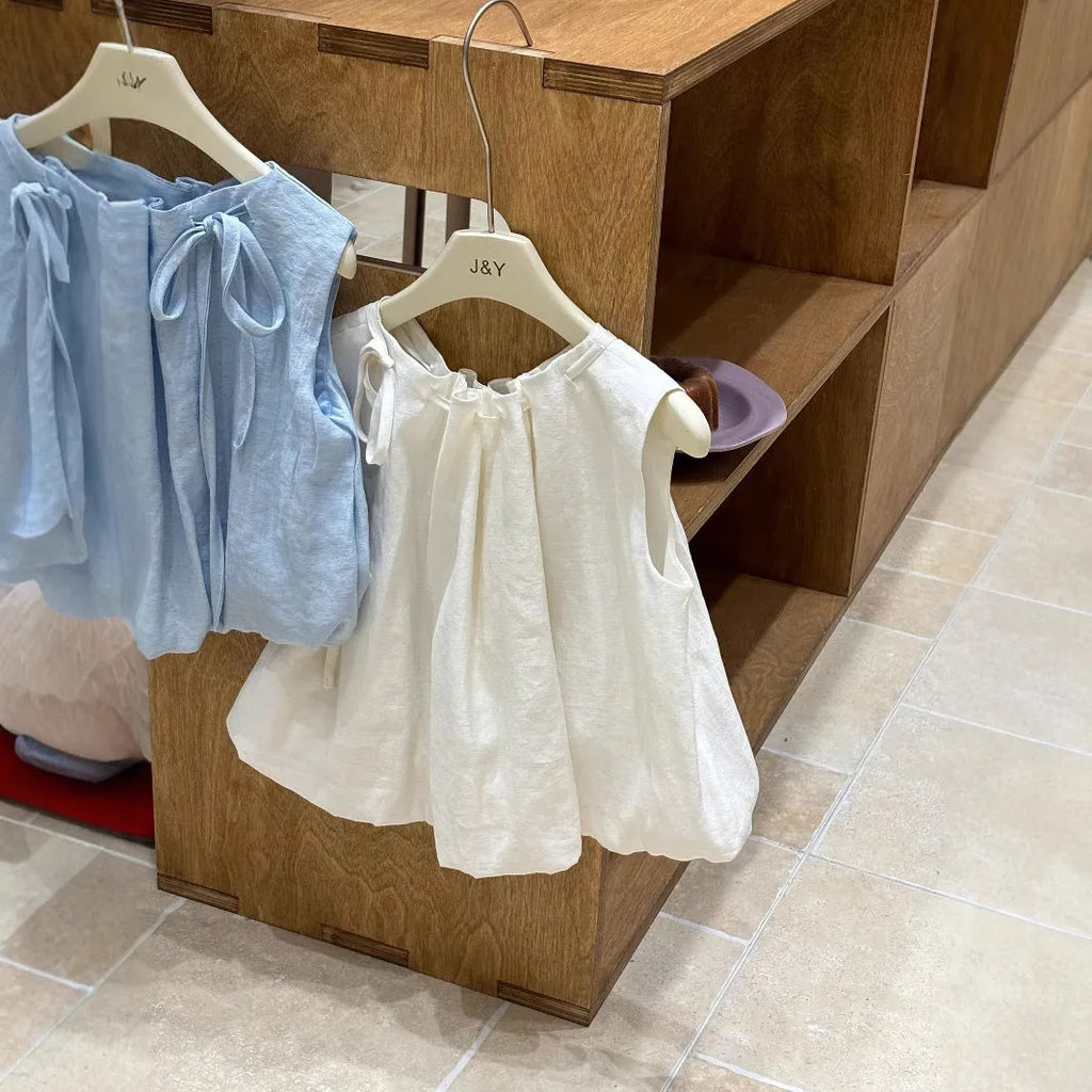 Girls sleeveless cotton shirt in milky white with drawstring neckline, Korean style summer top.