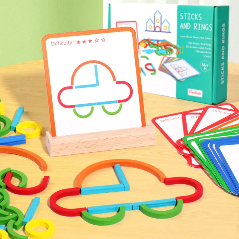 Children's wooden thinking training puzzle with creative stick and ring pieces on illustrated board, colour box packaging