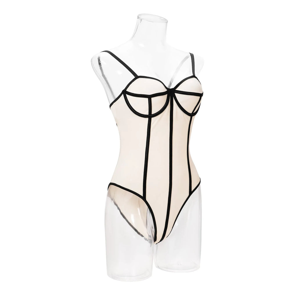 Khaki colour women's slim-fit bodybuilding jumpsuit with sleeveless hollow-out top and shorts on a model.
