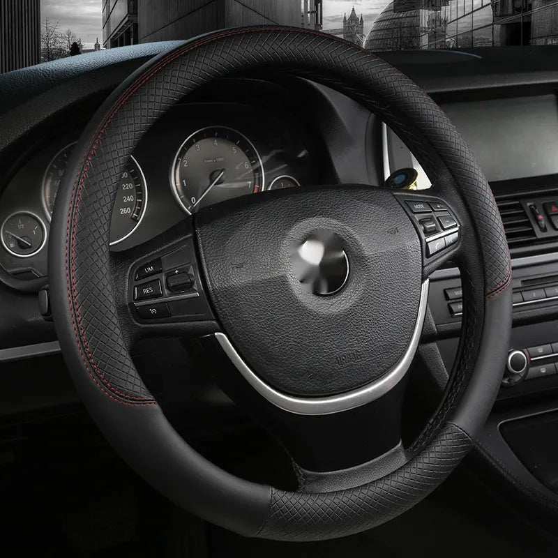 Leather car steering wheel cover with double line stitching, breathable four-season sports style, fits round and D-shaped wheels