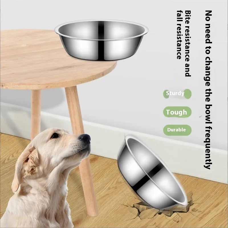 Stainless steel pet bowl with non-slip base shown in various sizes from 13cm to 22cm diameter.