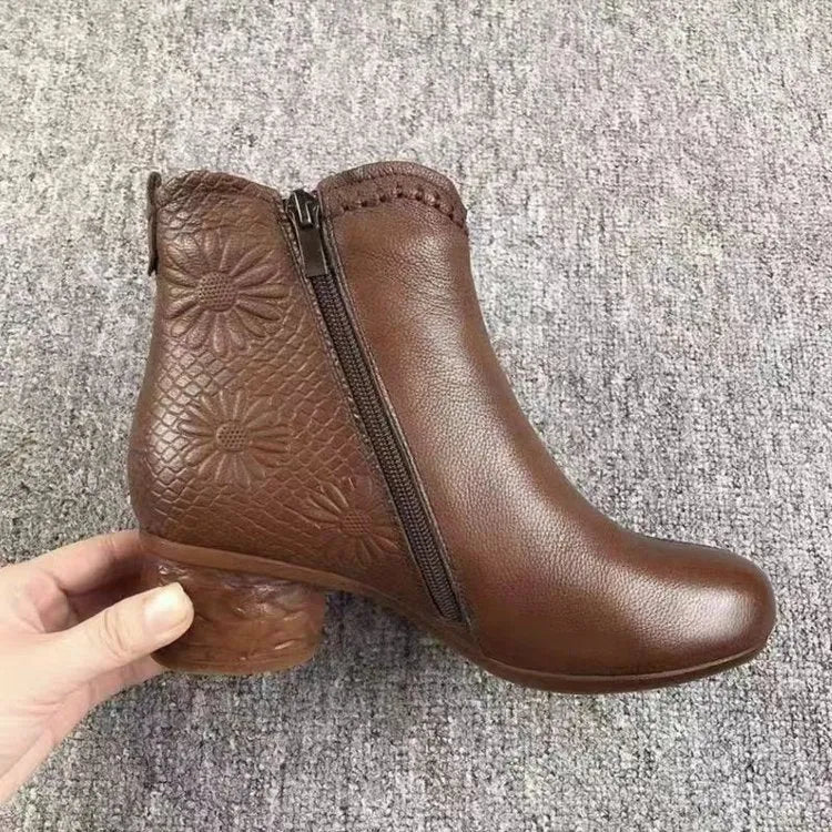 Women's winter anti-slip chunky heel boots with fleece lining, platform, and side zipper in brown fur lining option