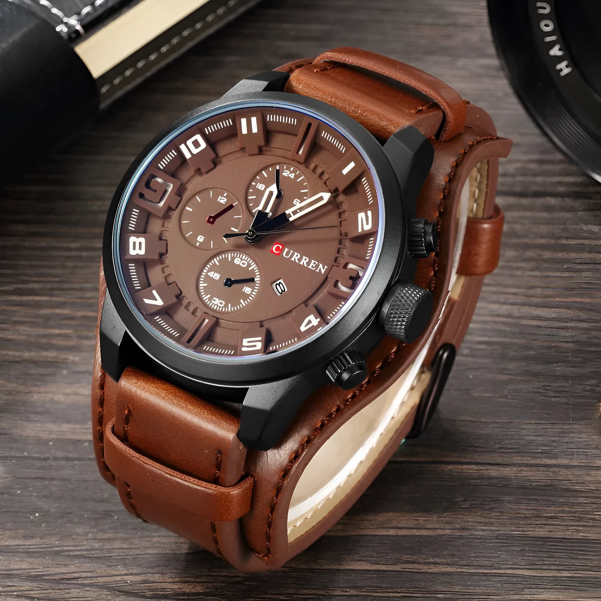 Belt Sports Large Plate Quartz Watch with black shell, black surface, black word, black faux leather strap