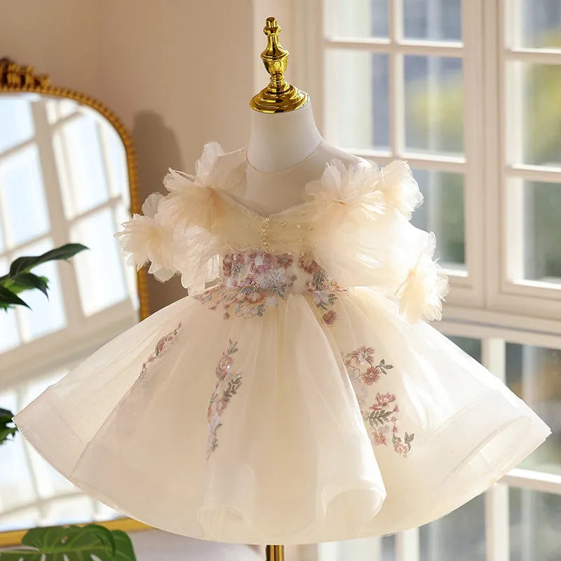 Girls' light champagne princess dress for birthday and performance, height sizes 80cm to 150cm, polyester lining and main fabric