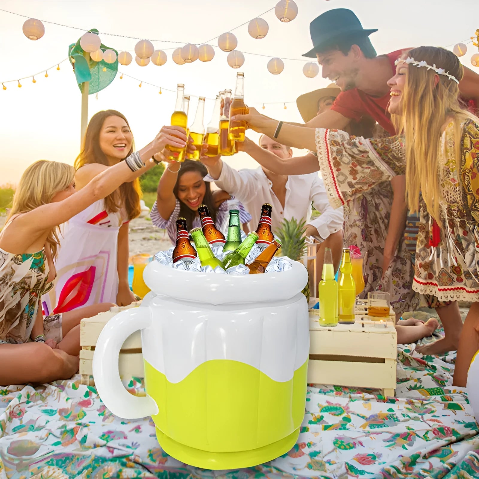 Yellow inflatable PVC ice bucket for outdoor parties and camping trips