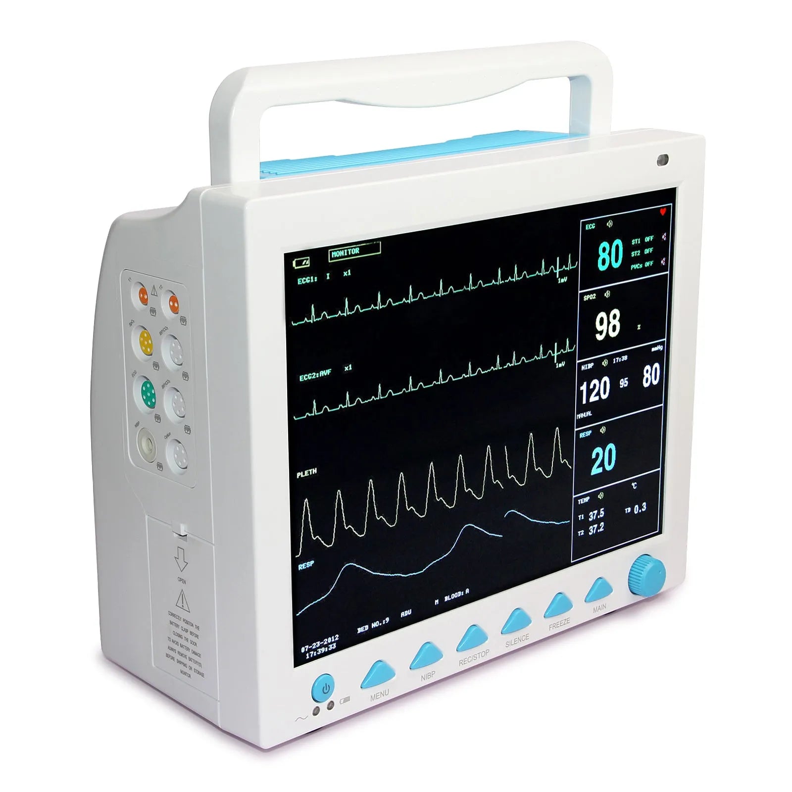 12.1 inch colour TFT patient monitor CMS8000 displaying ECG and SpO2 waveforms with built-in handle