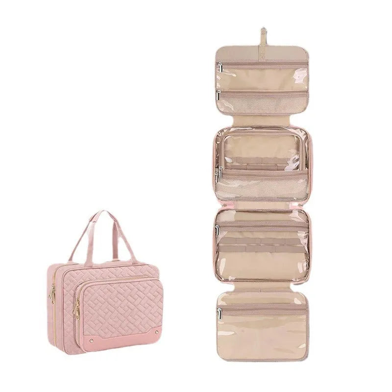 Waterproof polyester hanging cosmetic storage bag in pink colour showing dimensions
