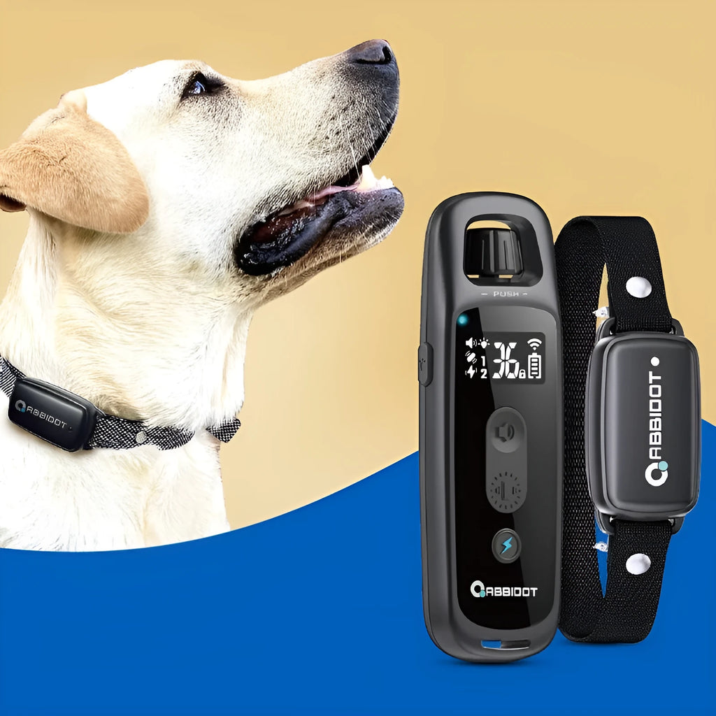 Anti-barking remote control electric shock collar with 900m range and IP67 waterproof sensor on black collar