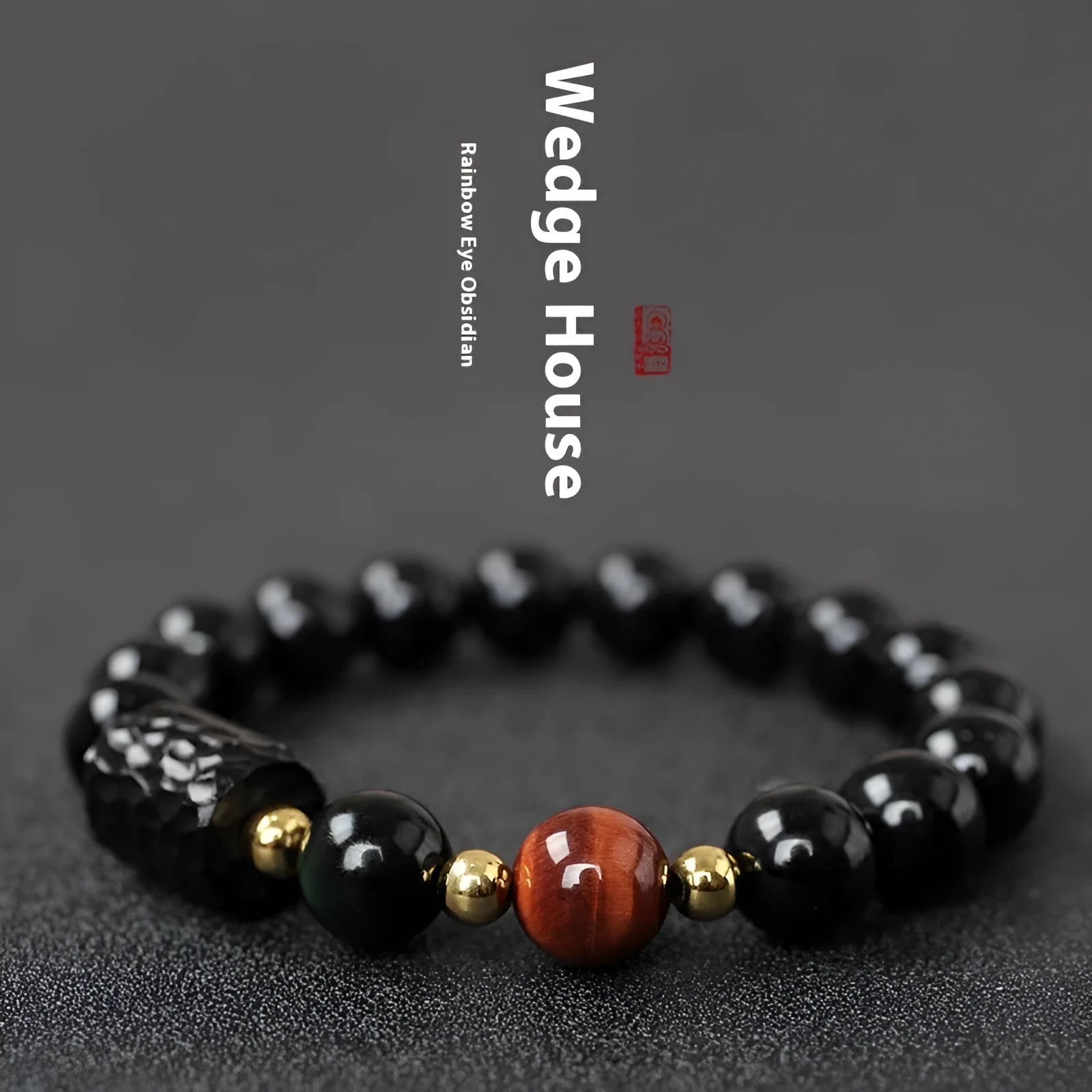 Obsidian bracelet with 10mm yellow tiger eye beads for men and women
