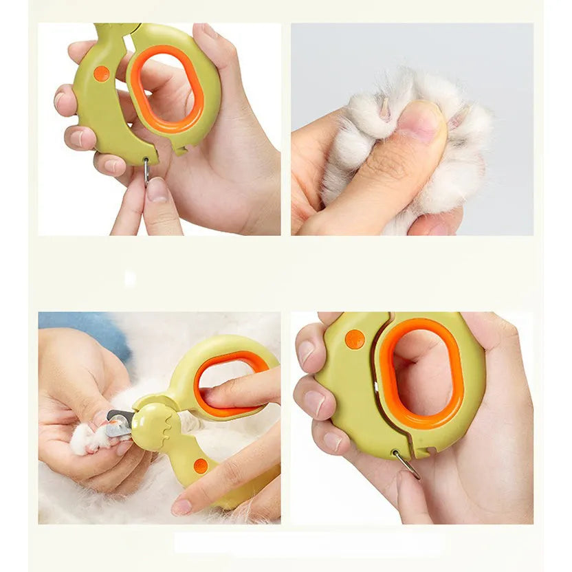 Blue pet nail clippers with LED light showing illuminated cutting area for safe nail trimming