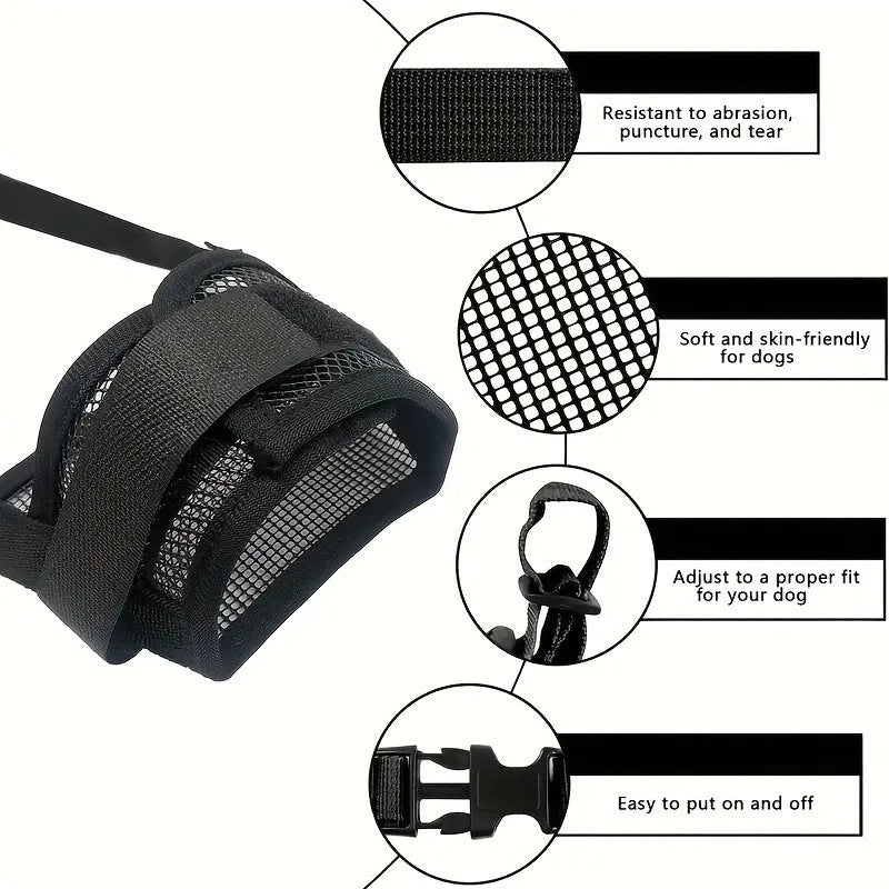 Black polyester dog muzzle anti-bite anti-bark with adjustable straps in five sizes L M S XL XXL