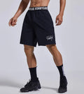 Men's loose black sports shorts with an elastic waistband and printed letter design.