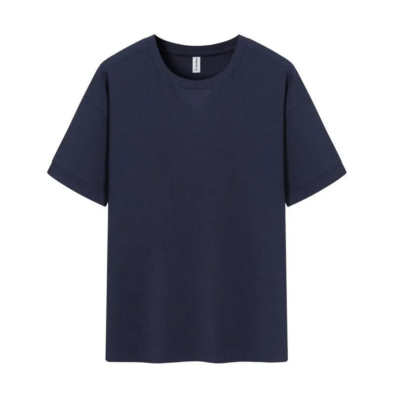 Men's dark grey heavyweight waffle knit short-sleeved T-shirt on a hanger.
