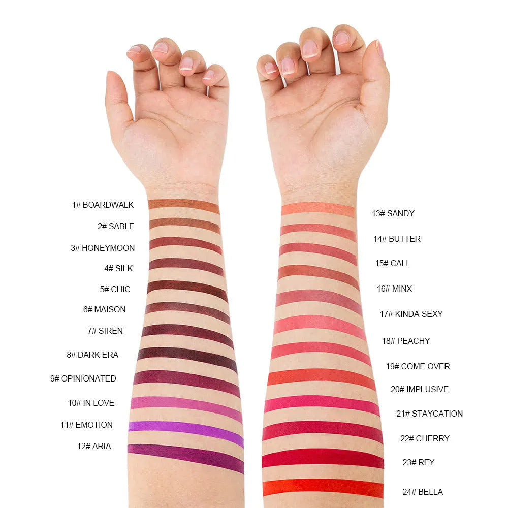 Matte finish lipstick in a tube, shown in one of 24 available waterproof shades.