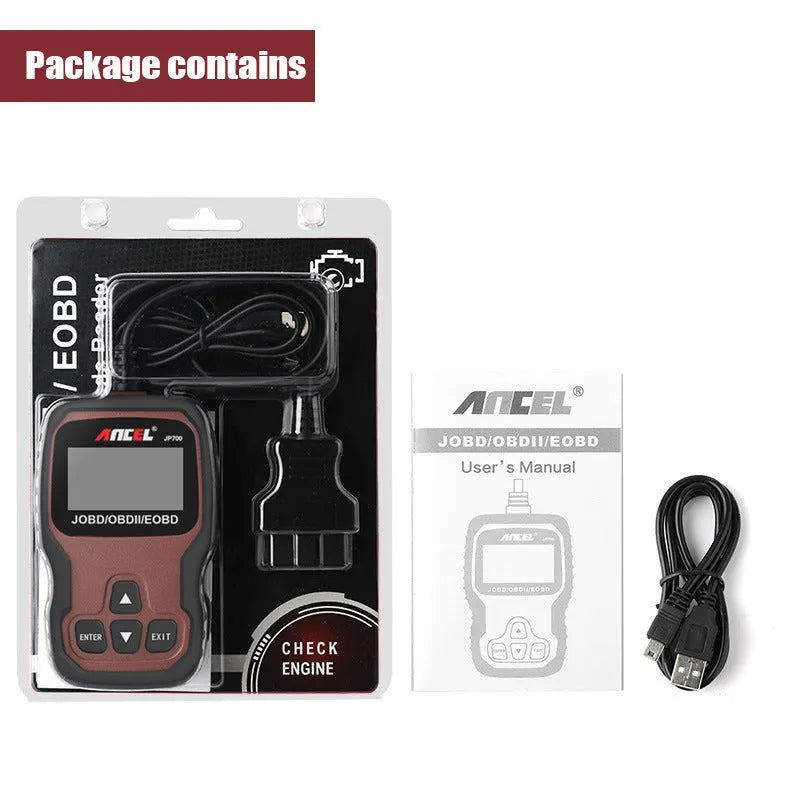 JP700 12V car engine code reader scanner with USB cable and manual, brown automobile fault detector