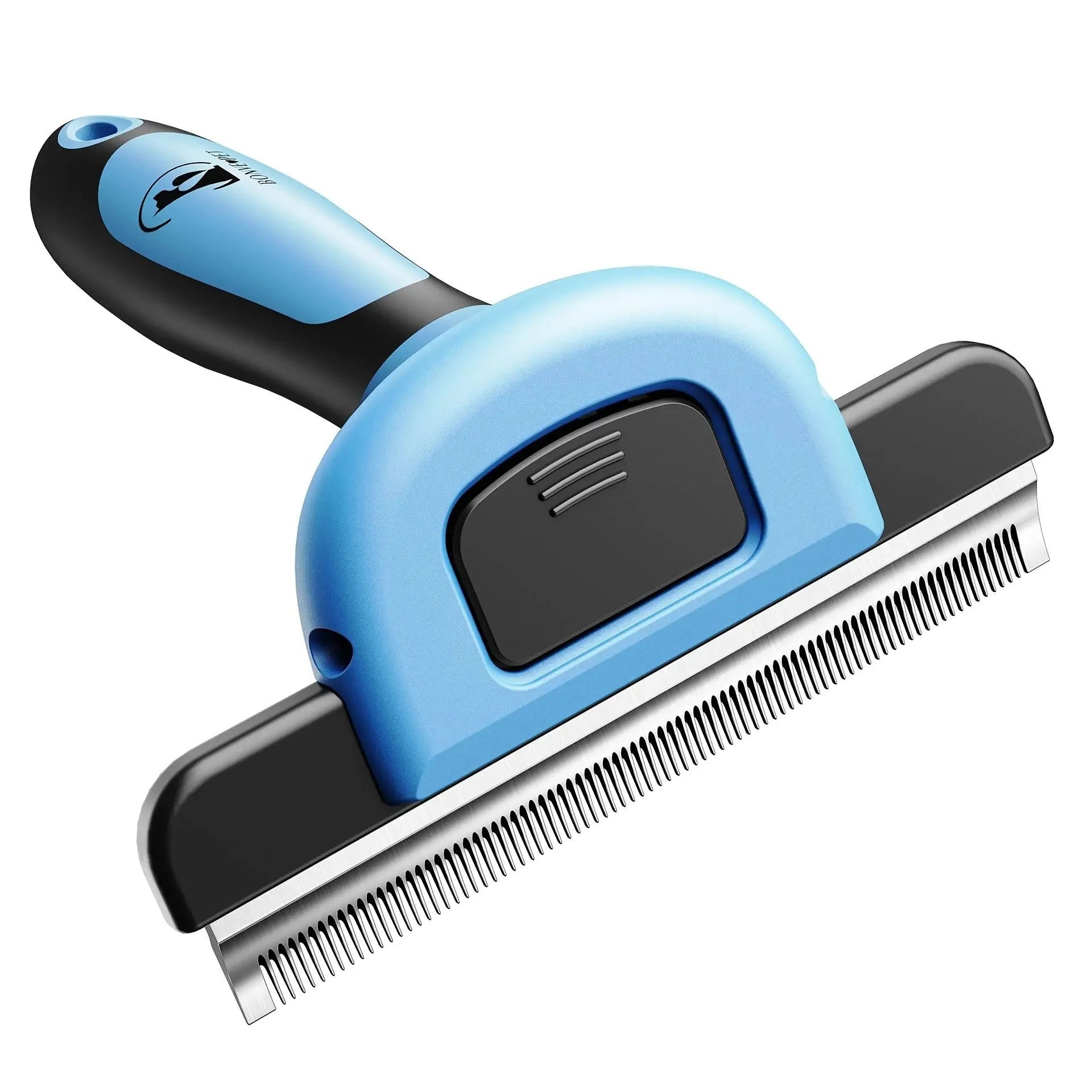 Blue pet grooming comb with stainless steel teeth for dog hair removal and knot untangling