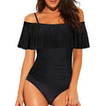 Black one-piece swimsuit with ruffled straps and cut-out details on a mannequin.