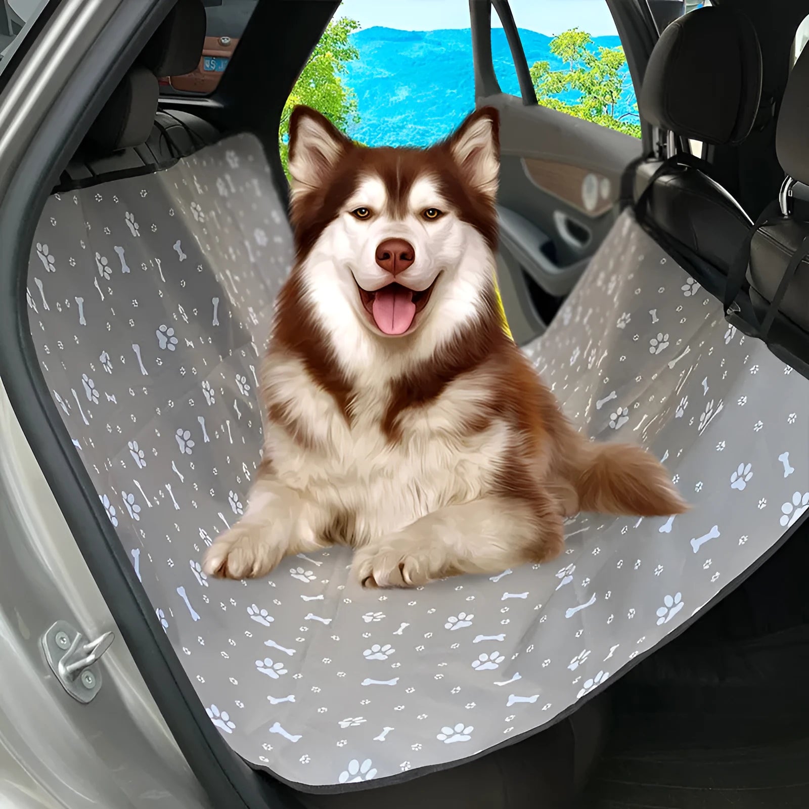 Grey car pet mat with dog bone print covering a vehicle's rear seat.