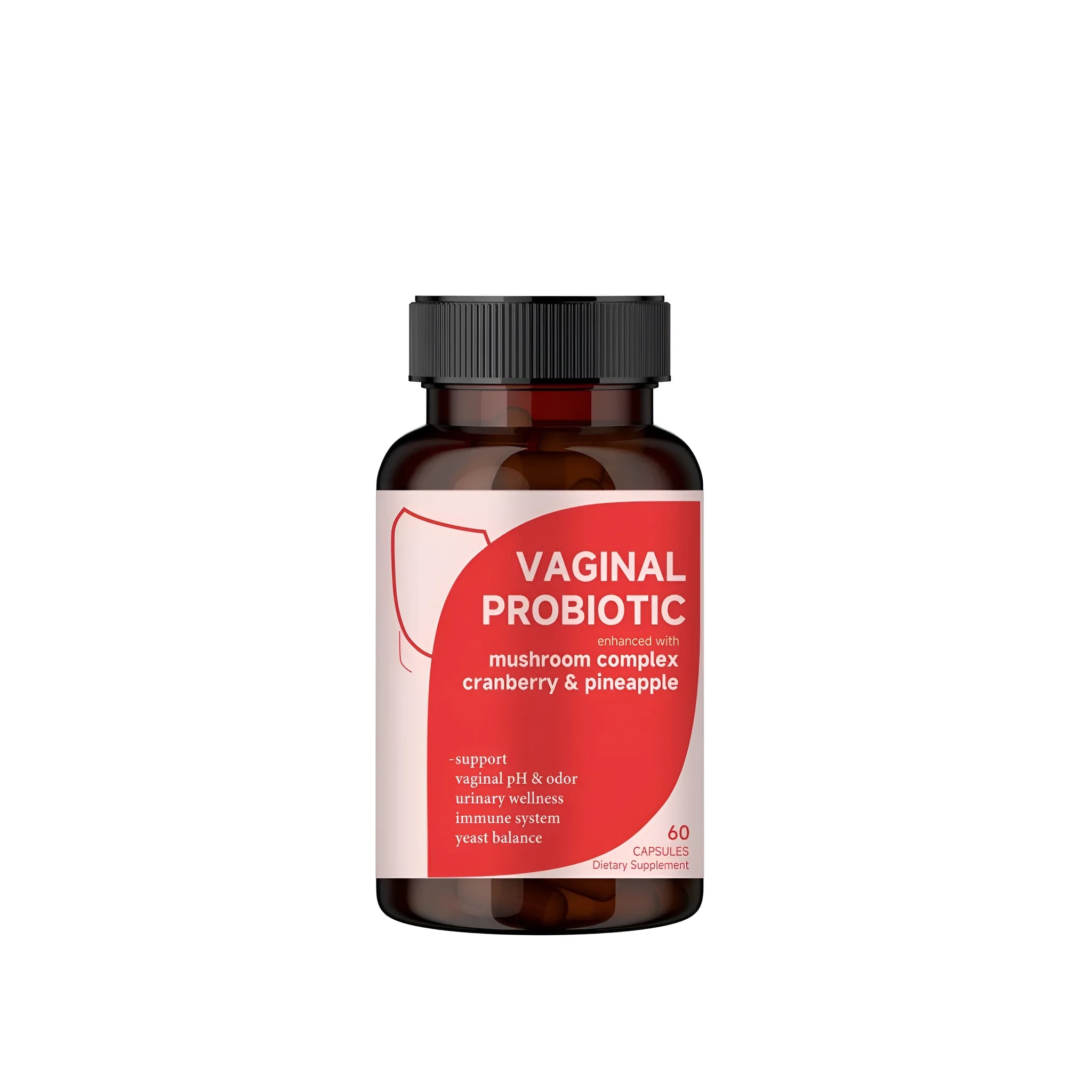 Pot of 60 capsules of dietary supplement with probiotics, mushroom complex, and prebiotics