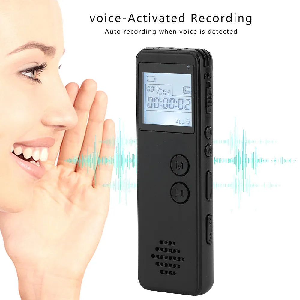 Black matte-finish digital voice recorder with backlit screen showing recording time, placed next to a memory card.