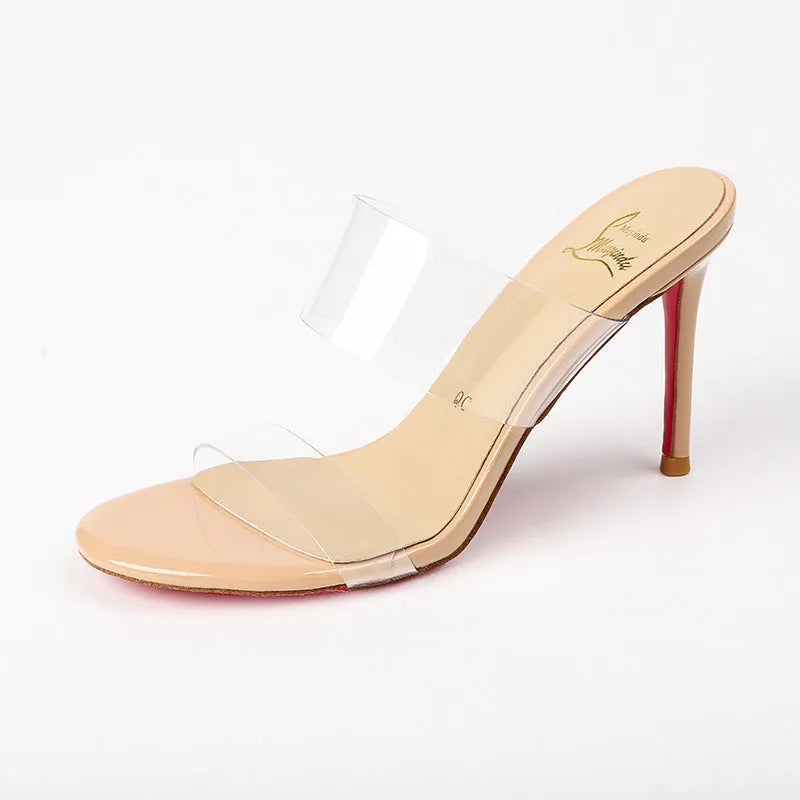 Women's transparent stiletto sandals with ankle strap in black and apricot colours, showing 8cm heel.