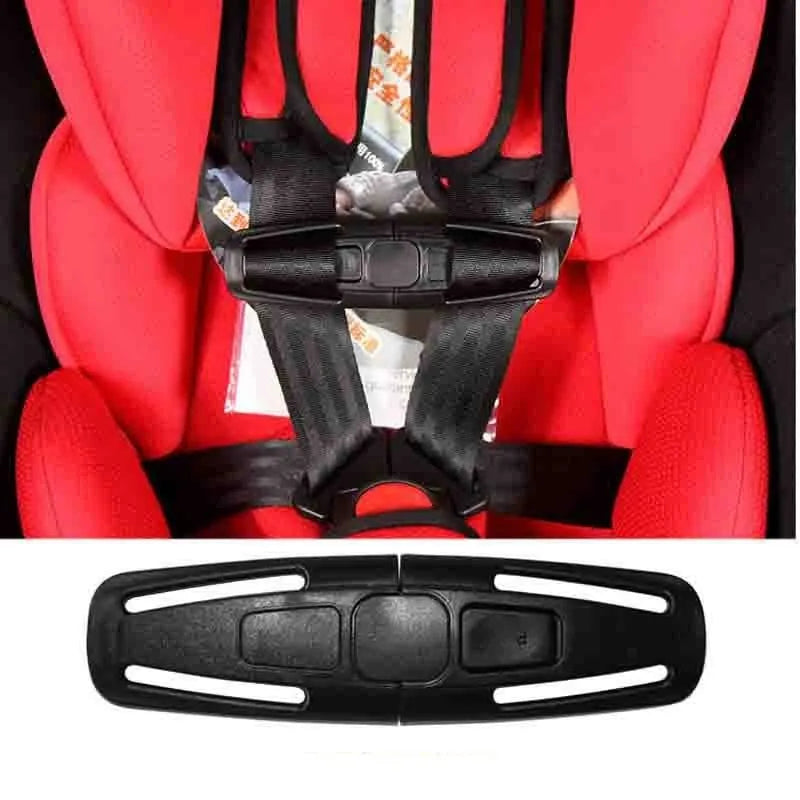 Black nylon seat belt clip for child car seat harness management.