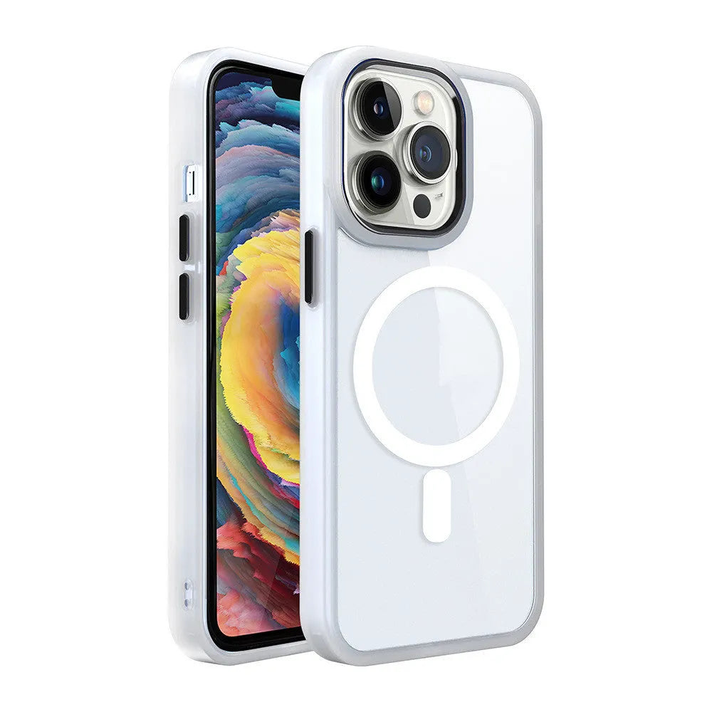 Clear magnetic phone case with coloured silicone bumper on an iPhone, showing MagSafe charger attachment.