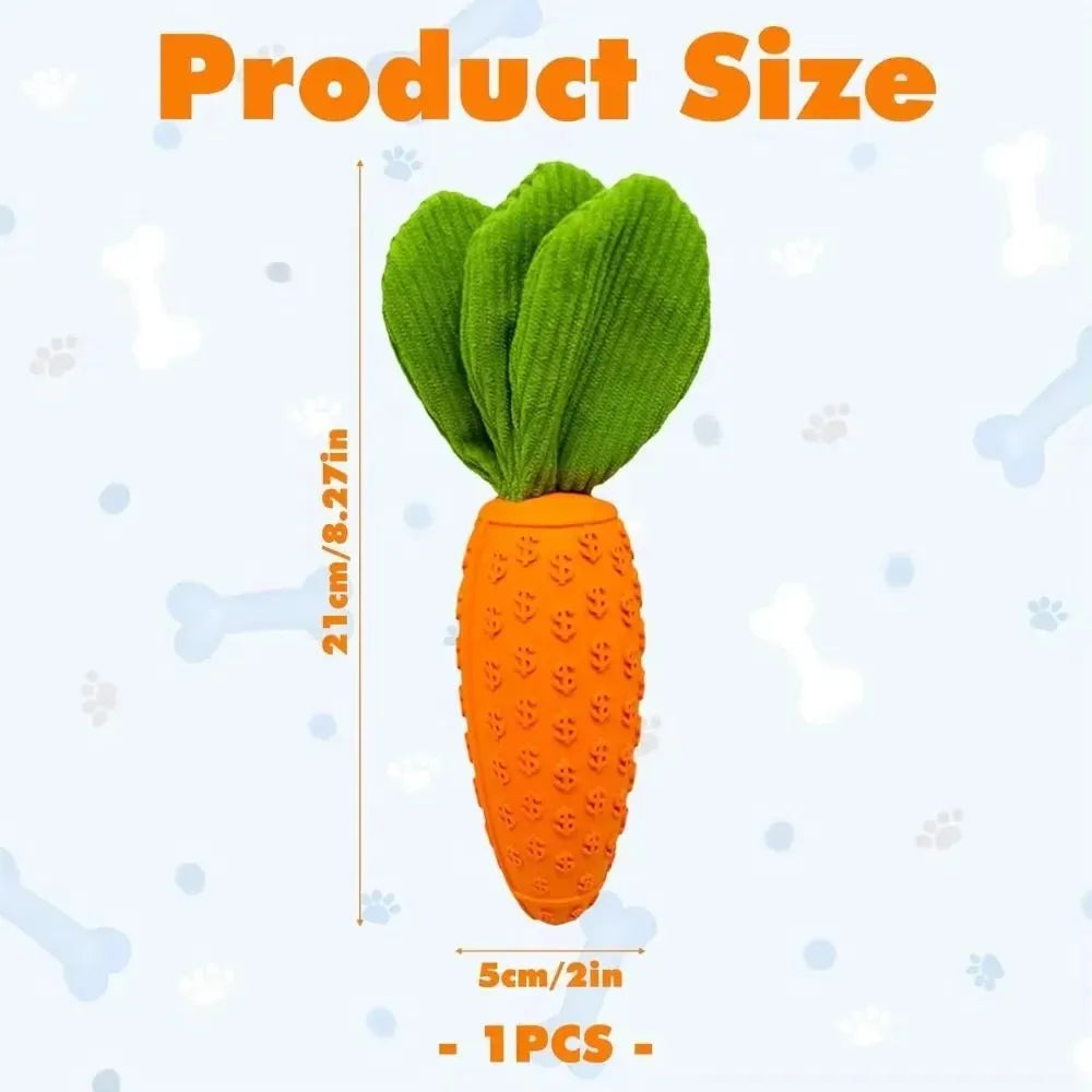 Orange carrot-shaped rubber and plush dog chew toy with squeaker, 21x5x5cm, on a solid background.