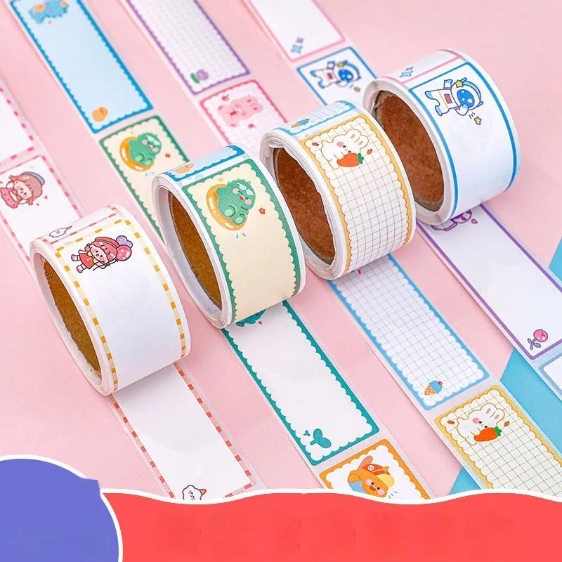 Roll of cartoon name tape stickers showing dinosaur, astronaut, rabbit and girl designs