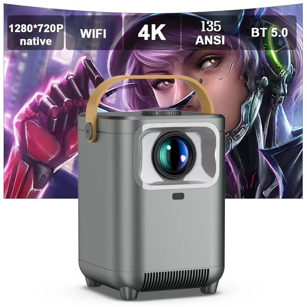 Portable all-in-one HD projector in gray with 720p resolution and 120 lumens brightness