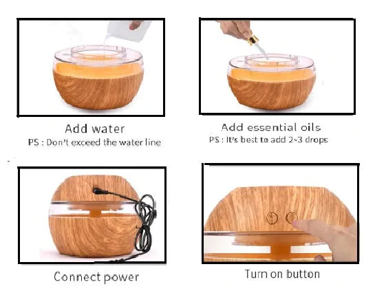 Essential oil diffuser humidifier with 300ml tank and USB power, 110x110x90mm, ABS material