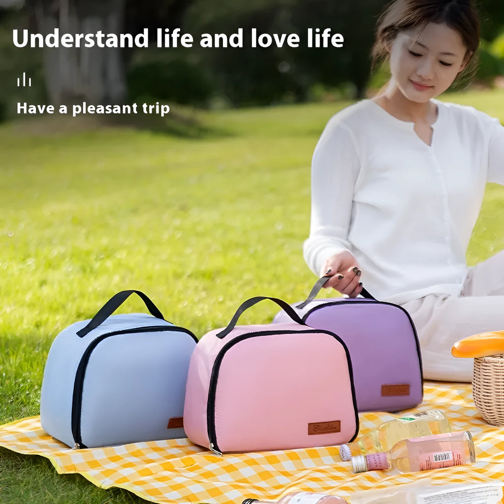 Insulated lunch box bento handbag in textured cloth with large capacity for keeping food warm