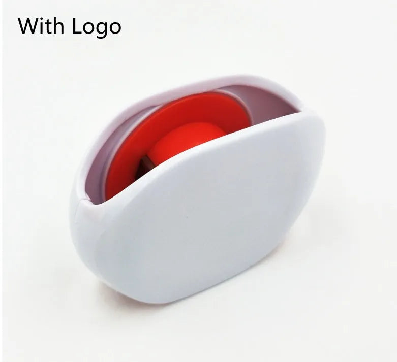 Compact automatic earphone winder in multiple colours on a grey background, showing extended cable.