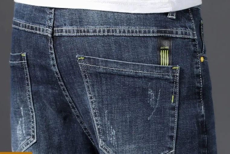 Nine Cent stretch and trim men's jeans straight leg Korean style cotton trousers in blue with washed grinding white finish