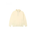 A grey half-zip stand collar cotton sweater laid flat, showing the front zip and long sleeves.