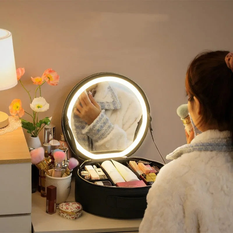 Round cherry blossom pink PU leather makeup bag with built-in LED mirror and internal partitions.