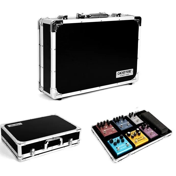 Aviation flight case containing T-EC8 trumpet style guitar effect processor device