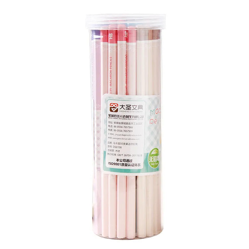 Barrel of 50 basswood hexagonal pencils with HB graphite refills, showing six-angle design.