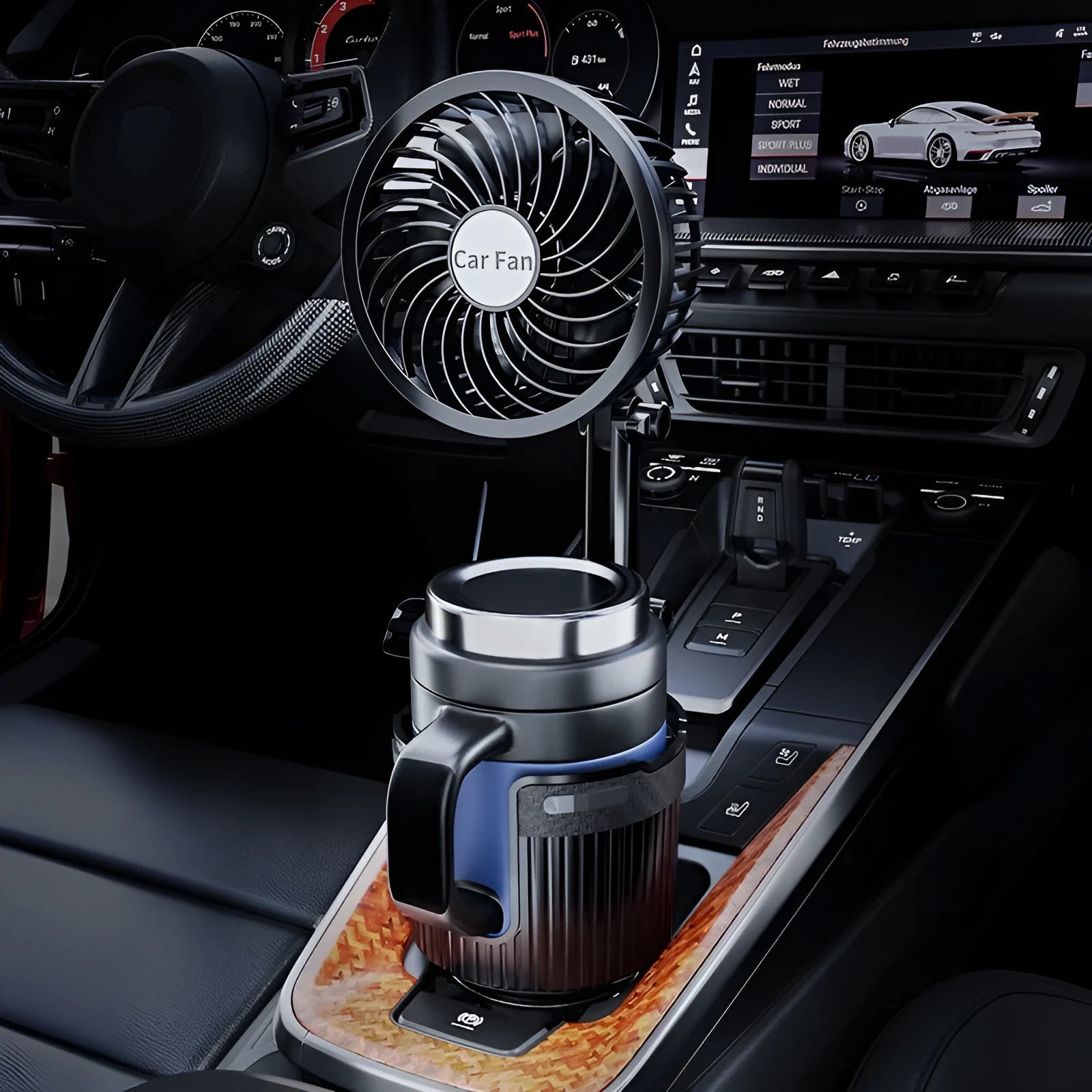 Portable ABS plastic fan unit designed to sit in a car cup holder, with options for 12V, 24V, or USB power.