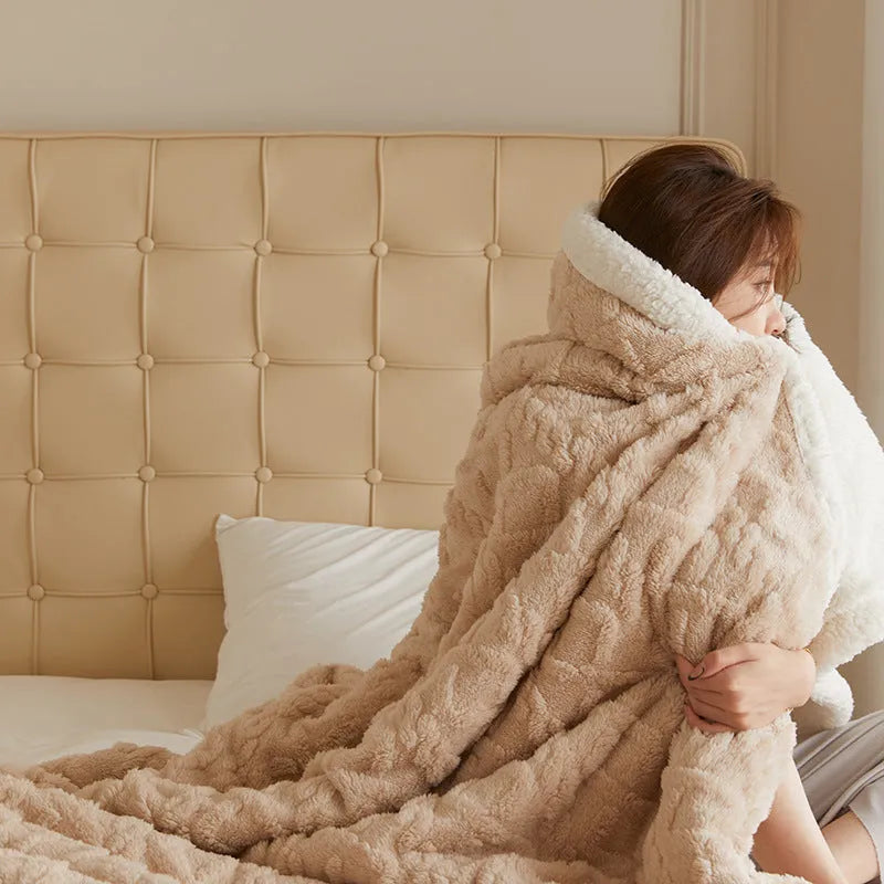 Winter thermal flannel blanket in beige colour showing texture and size
