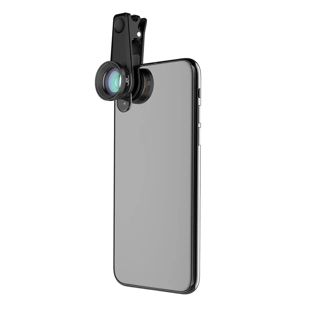 Black 6-in-1 universal smartphone camera lens kit with fisheye, wide-angle, macro, and telephoto lenses in an EVA case.