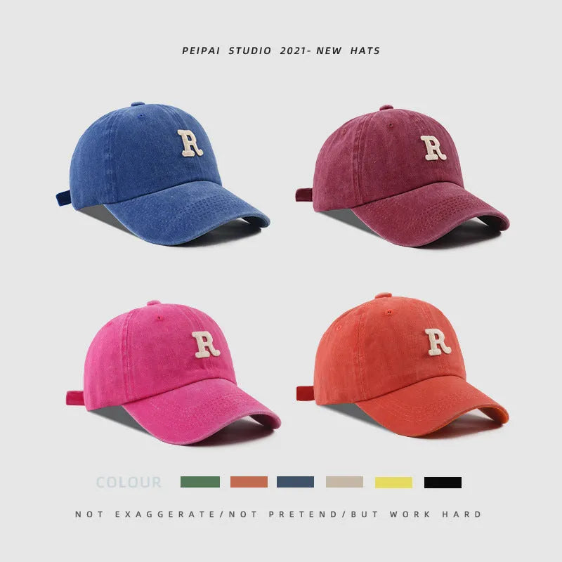 Washed Letter R stick ball cap in cotton with dome crown, adjustable L size 54-60cm