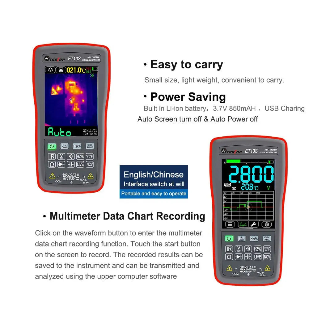 ET13S thermal imaging multimeter showing 2.8-inch colour touch screen displaying a thermal image and multimeter readings.