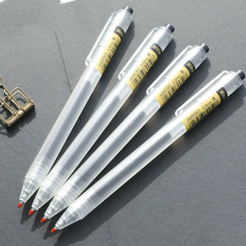 12 black retractable gel pens with frosted barrels and 0.5mm tips displayed with two spare refills