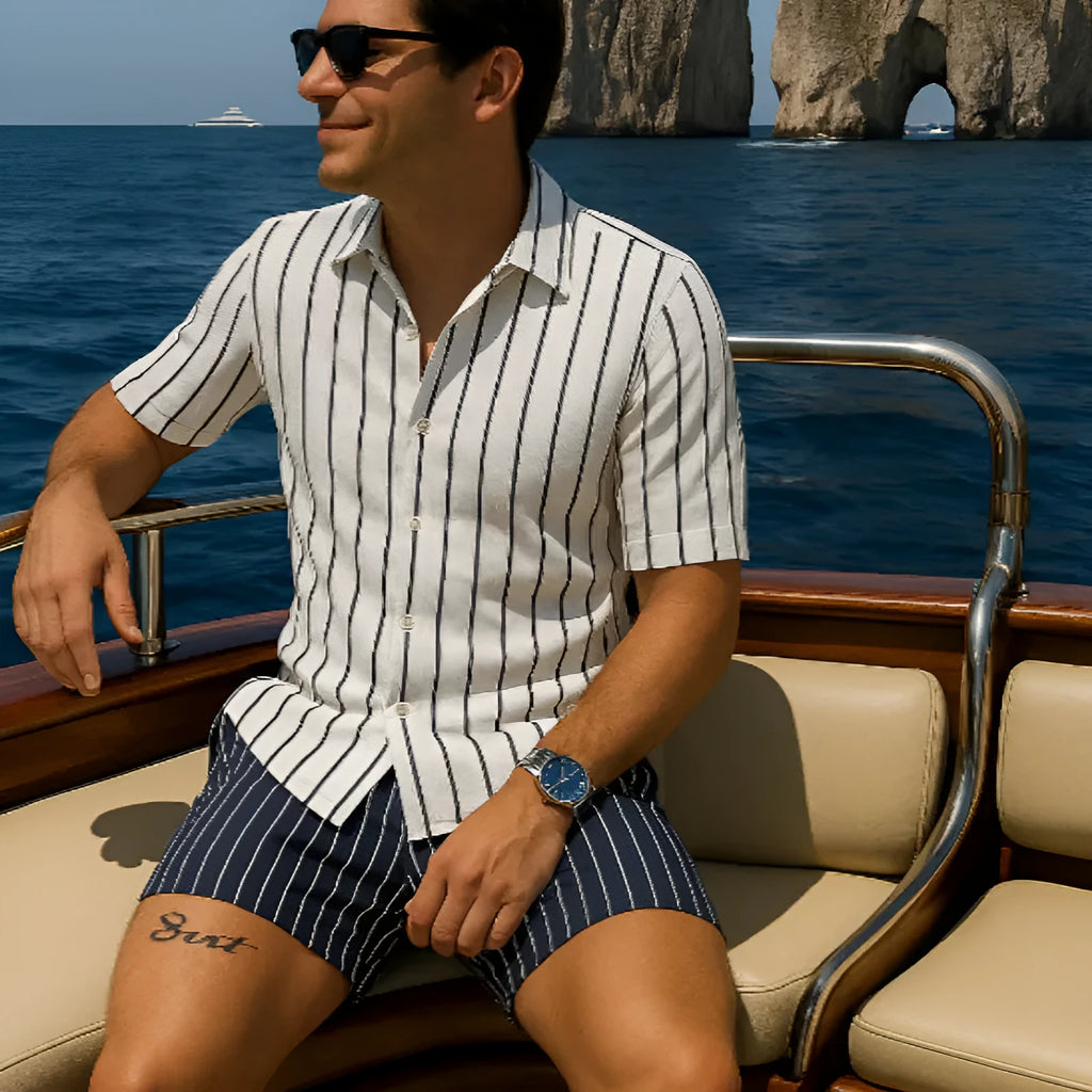 Men's lightweight elastic beach shirt and shorts set in a casual style, shown on a hanger.