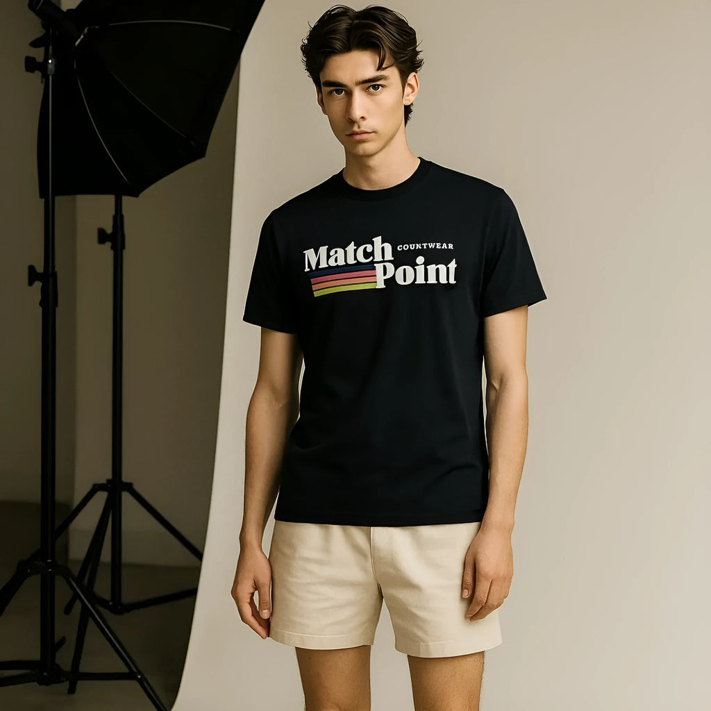 Black men's t-shirt with a white 3D digital printed text pattern on the front, showing a round neck and short sleeves.