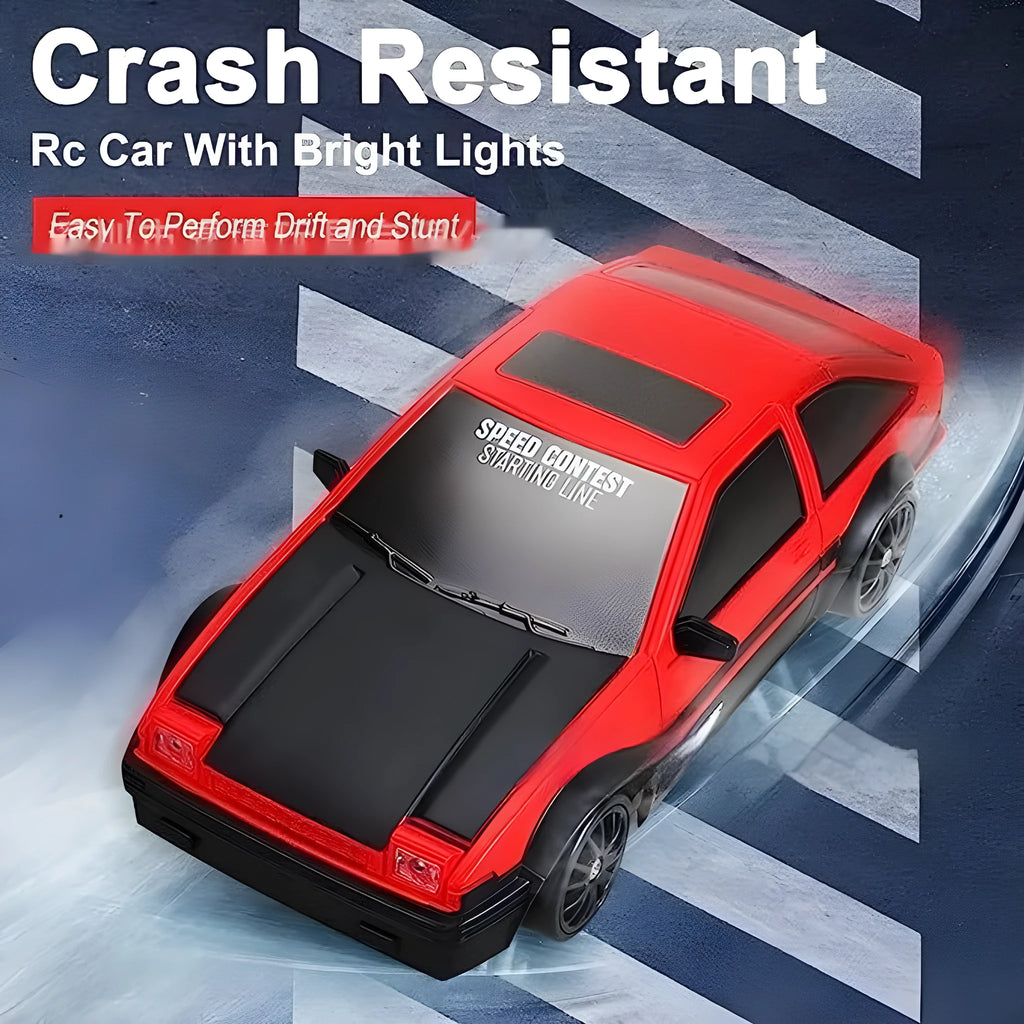 1:24 scale drift remote control car in red with four-wheel drive and semi-proportional control, plastic construction