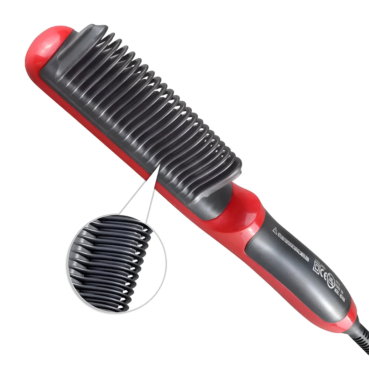 Straight hair comb with ceramic heated brush and ion technology in black and red