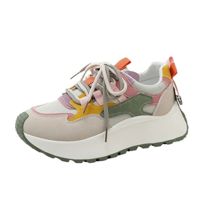 Women's low top dad shoes with synthetic leather upper, rubber sole, round toe, front lace-up, in green or red